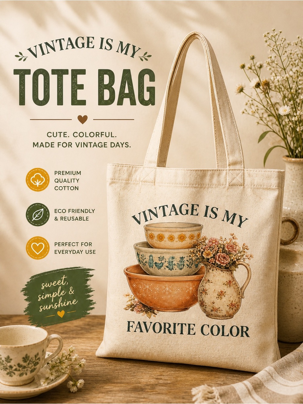 Handmade Canvas Tote Bag with Vintage Is My Favorite Color Graphic - White
